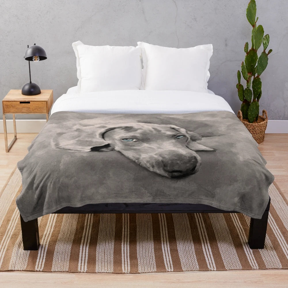 Weimaraner dog inspired plush blanket with mixed media art design