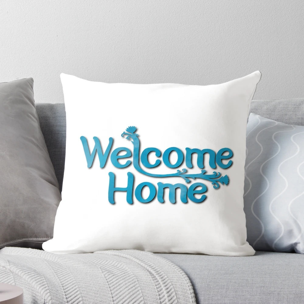 Soft, plush 'Welcome Home' pillow in neutral colors for home and bedroom decor