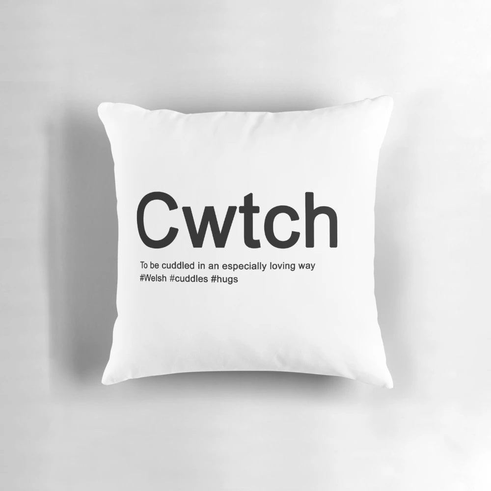 Cozy pillow featuring the Welsh word "cwtch" and other soothing words