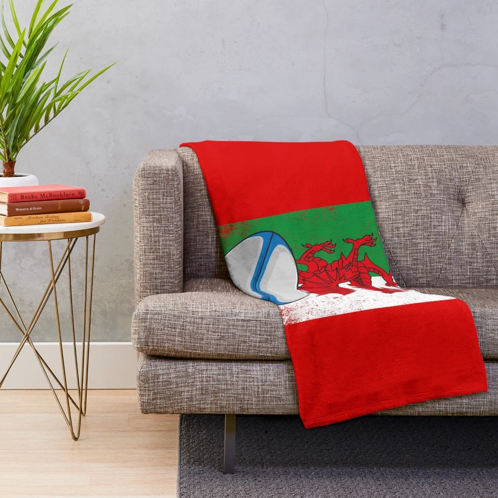 Soft and Plush Welsh Rugby Blanket with Rugby Ball and Vintage Flag Design