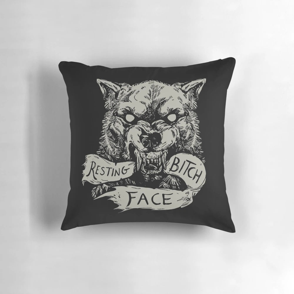Soft, plush werewolf-themed pillow featuring a "resting bitch face" expression, perfect for adding a touch of snarky style to your home.