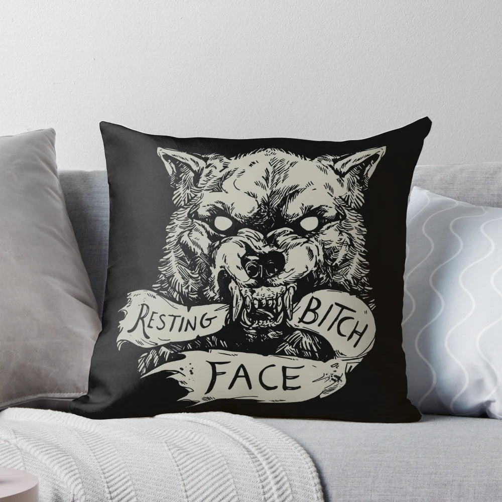 Soft, plush werewolf-themed pillow featuring a "resting bitch face" expression, perfect for adding a touch of snarky style to your home.