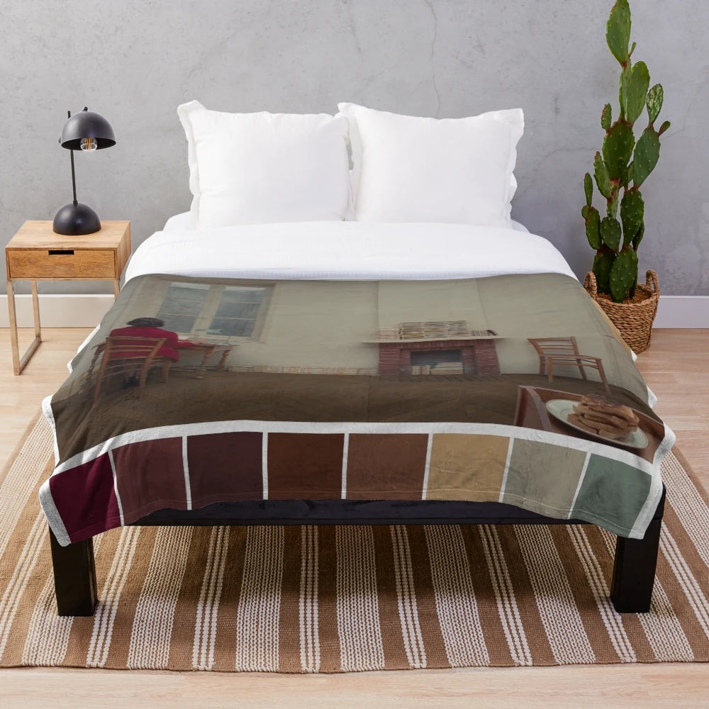 Wes Anderson inspired plush blanket featuring the color palette from The French Dispatch film