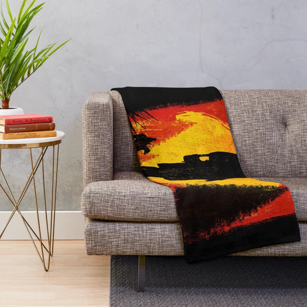 Red Dead Redemption-themed plush blanket with cowboy and sunset design