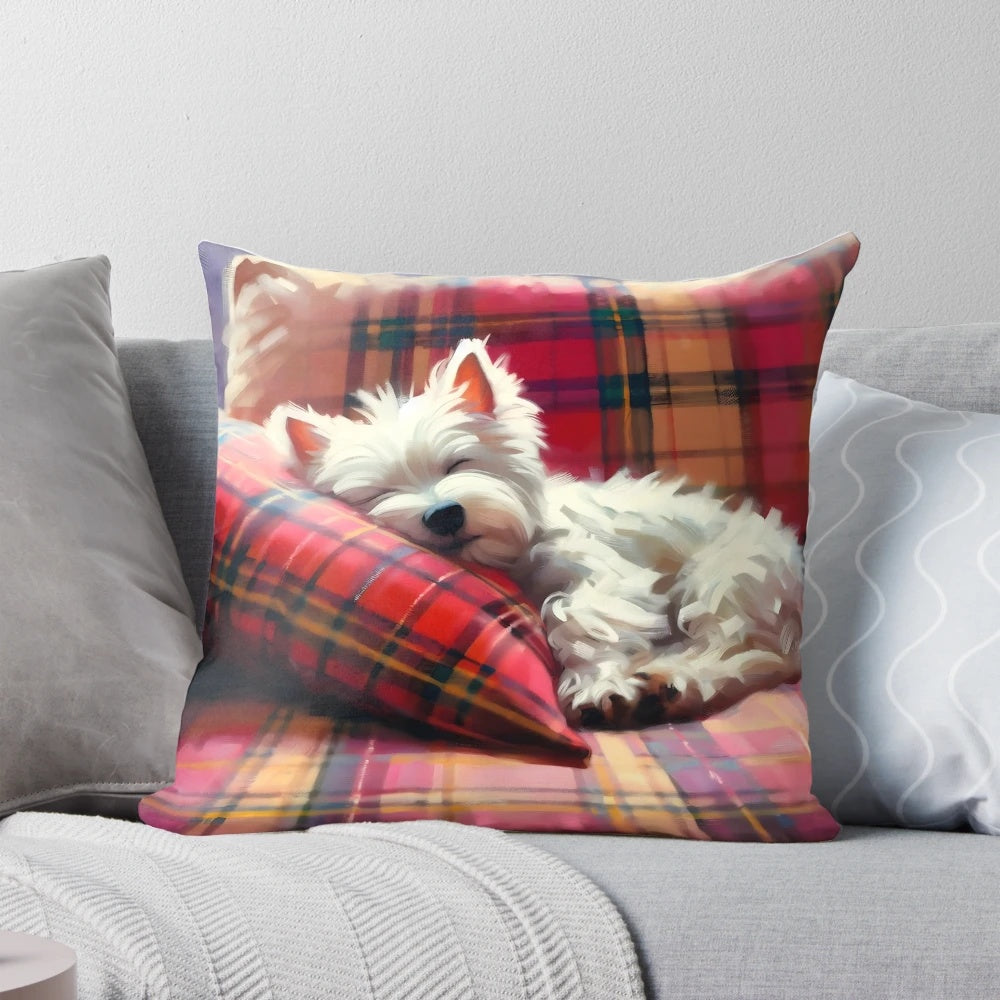 Adorable west highland terrier dog sleeping peacefully on a tartan patterned pillow