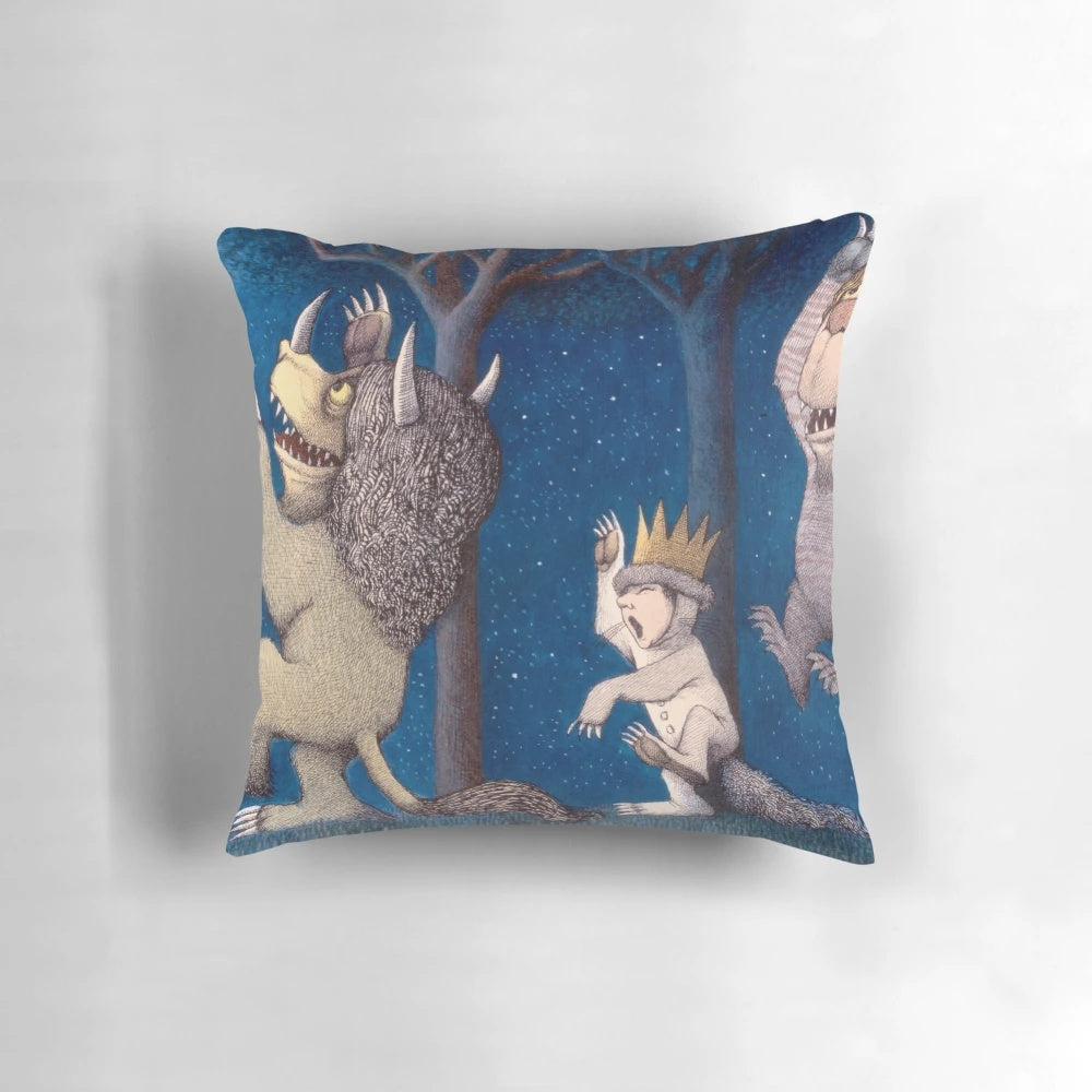 "Where the Wild Things Are" themed pillow featuring a night scene from the classic children's book