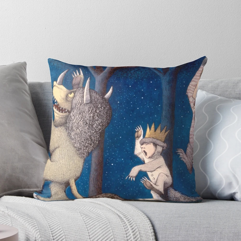 "Where the Wild Things Are" themed pillow featuring a night scene from the classic children's book