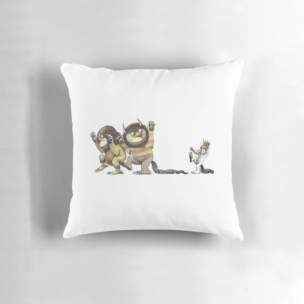 Plush "Where the Wild Things Are" themed pillow with Max and the wild monsters
