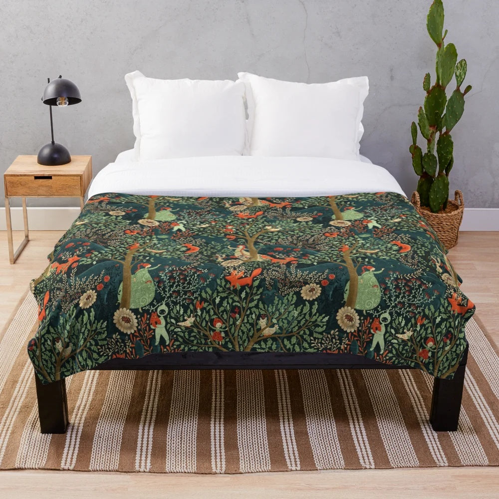 Whimsical plush blanket with enchanted forest and fairy tale design