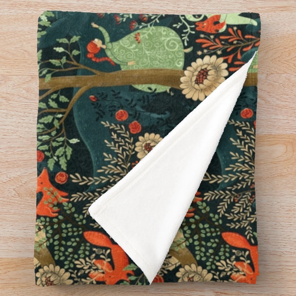 Whimsical plush blanket with enchanted forest and fairy tale design