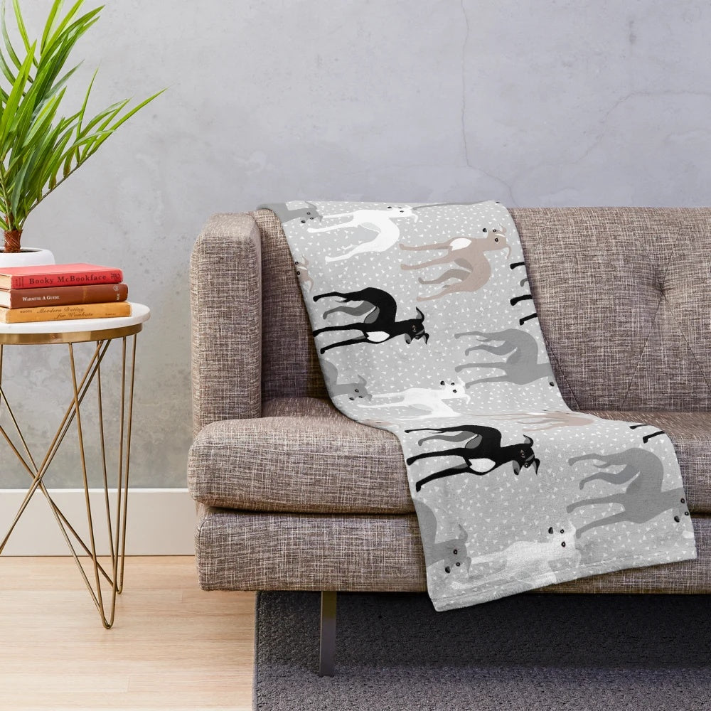Whippets or Italian Greyhounds plush blanket with a retro, elegant, and cute dog pattern