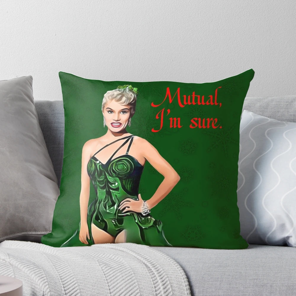 Festive white Christmas pillow featuring the movie "Mutual I'm Sure