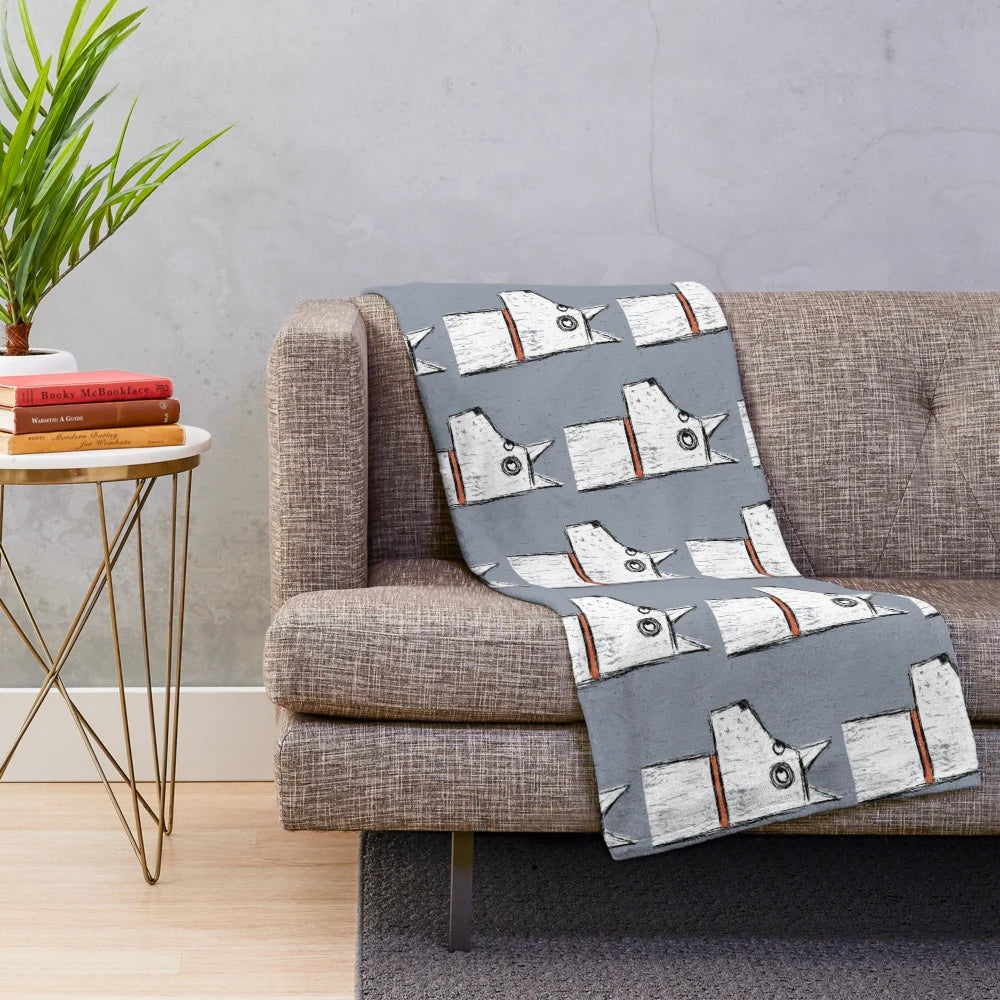 Cozy white dog plush blanket with cartoon design