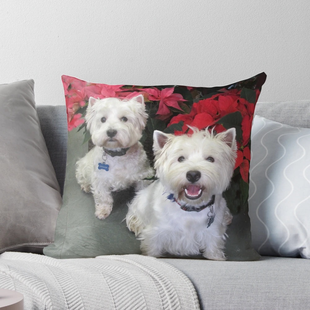 White westie dog breed Christmas pillow with tartan plaid pattern