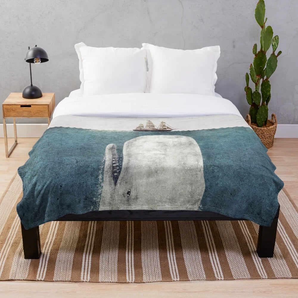 White whale plush blanket with vintage whale illustration