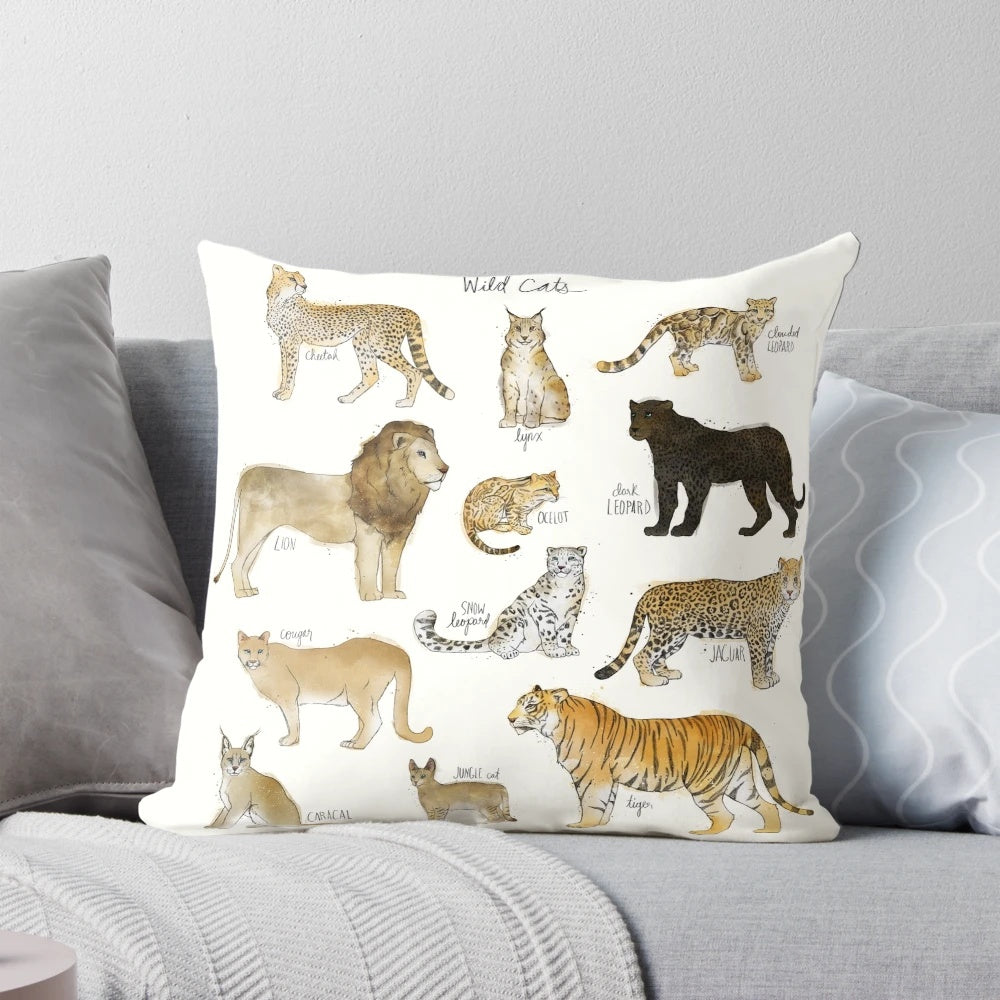 Vibrant decorative pillow featuring majestic wild cats in a jungle setting