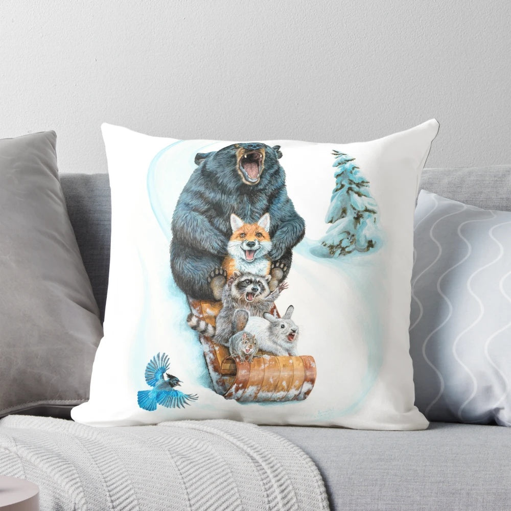 Soft, plush pillow depicting a winter scene with various animals such as a bear, fox, raccoon, rabbit, and birds