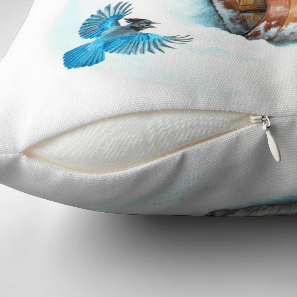 Soft, plush pillow depicting a winter scene with various animals such as a bear, fox, raccoon, rabbit, and birds