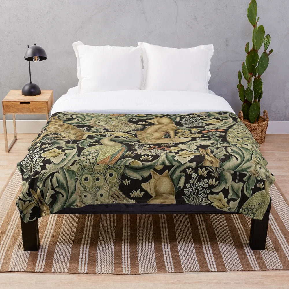 Plush blanket featuring a William Morris inspired forest and floral pattern