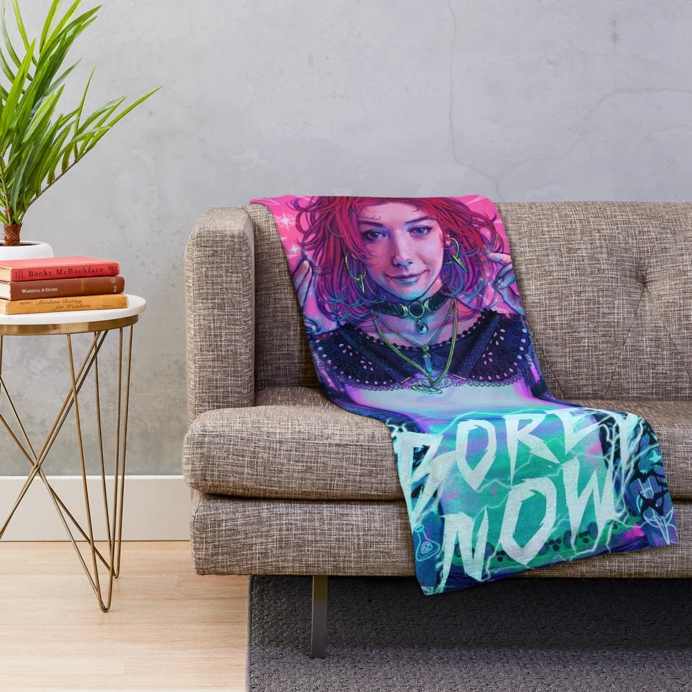 Willow Rosenberg plush blanket with a "Bored Now" design, inspired by the Buffy the Vampire Slayer TV series