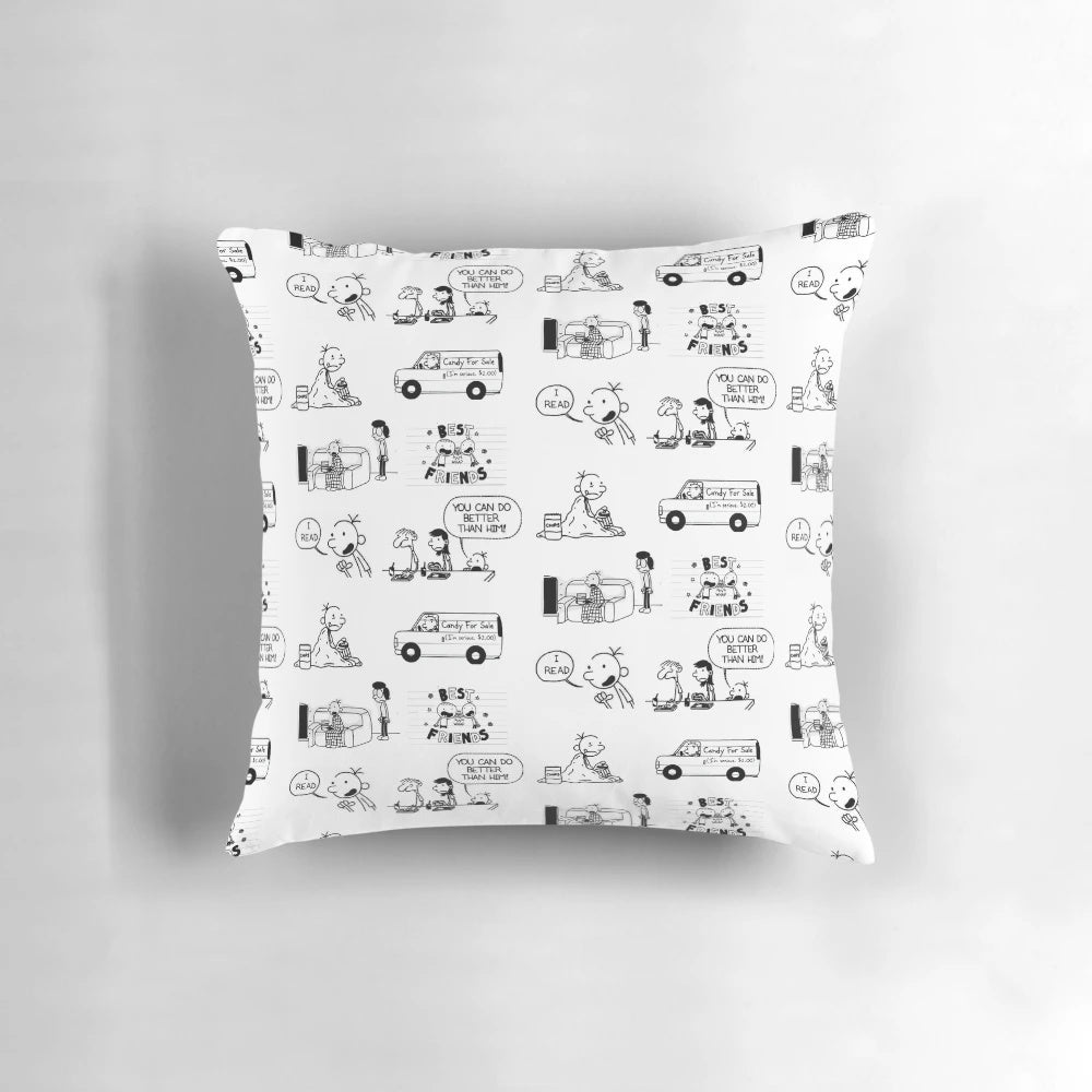 Diary of a Wimpy Kid-themed plush pillow featuring the Heffley family characters