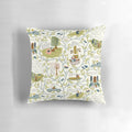 Soft, light-colored pillow with charming willow tree and animal illustrations, inspired by the classic children's book 'The Wind in the Willows