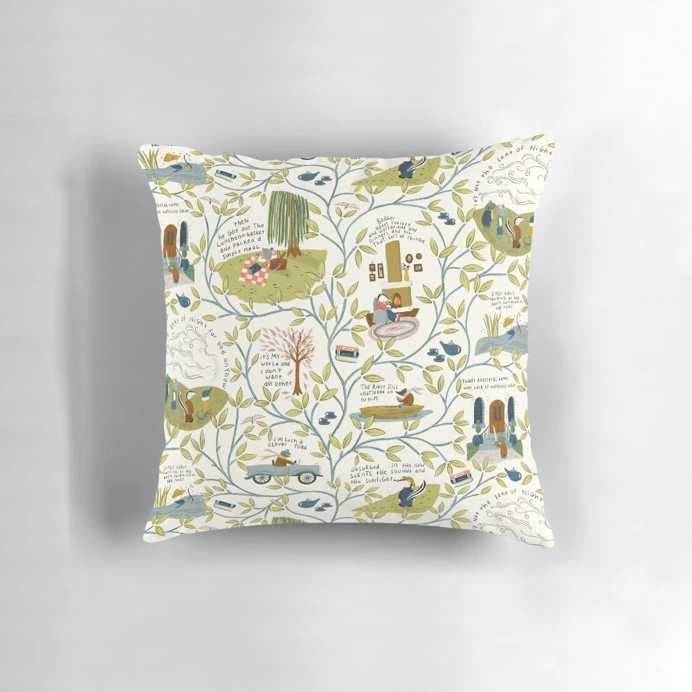Soft, light-colored pillow with charming willow tree and animal illustrations, inspired by the classic children's book 'The Wind in the Willows
