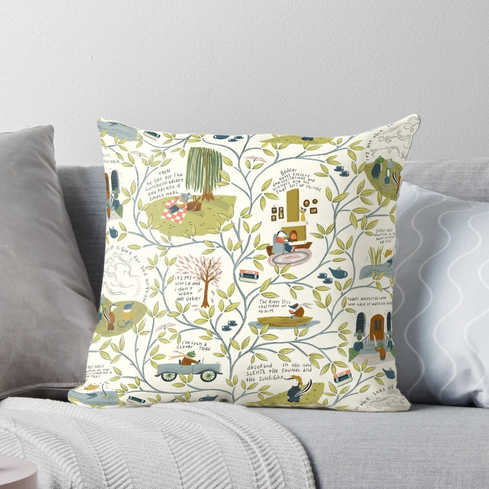 Soft, light-colored pillow with charming willow tree and animal illustrations, inspired by the classic children's book 'The Wind in the Willows
