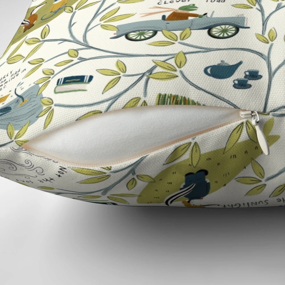 Soft, light-colored pillow with charming willow tree and animal illustrations, inspired by the classic children's book 'The Wind in the Willows
