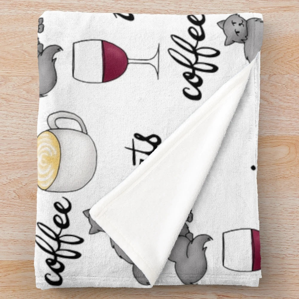 Wine Coffee Cats Plush Blanket featuring funny cat-themed sayings