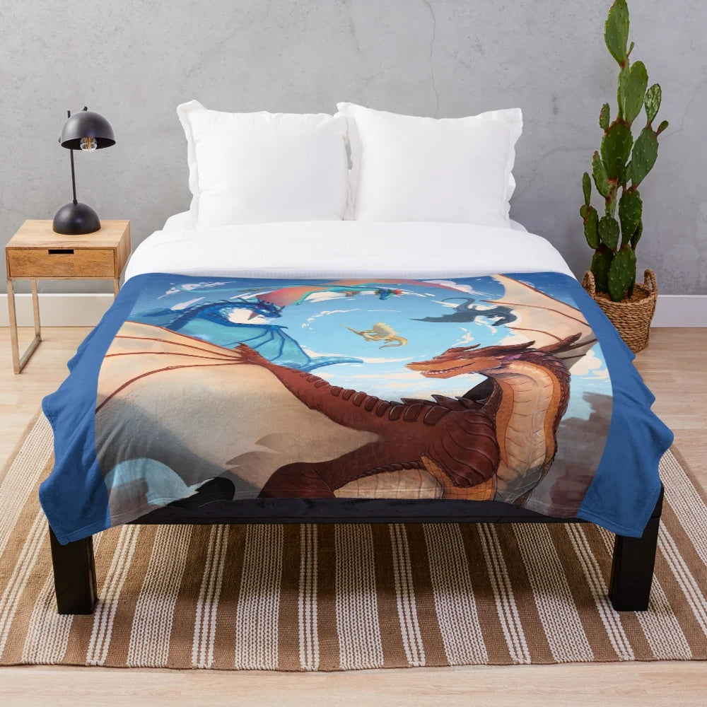 Wings of Fire-themed plush blanket featuring the character Clay and the Dragonets of Destiny