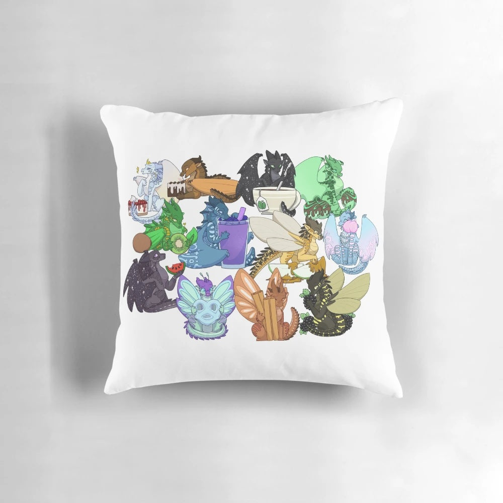A soft and plush pillow featuring characters from the popular Wings of Fire book series.