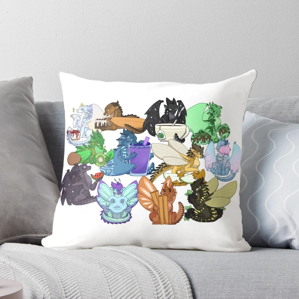 A soft and plush pillow featuring characters from the popular Wings of Fire book series.