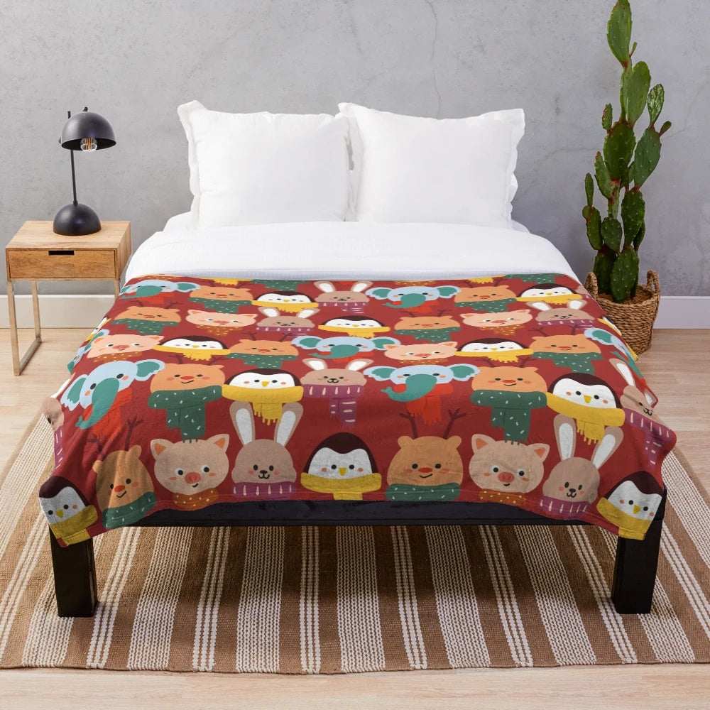 Plush blanket with black and white winter animal print design