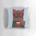 Whimsical black cat with glasses holding a cup of coffee on a throw pillow