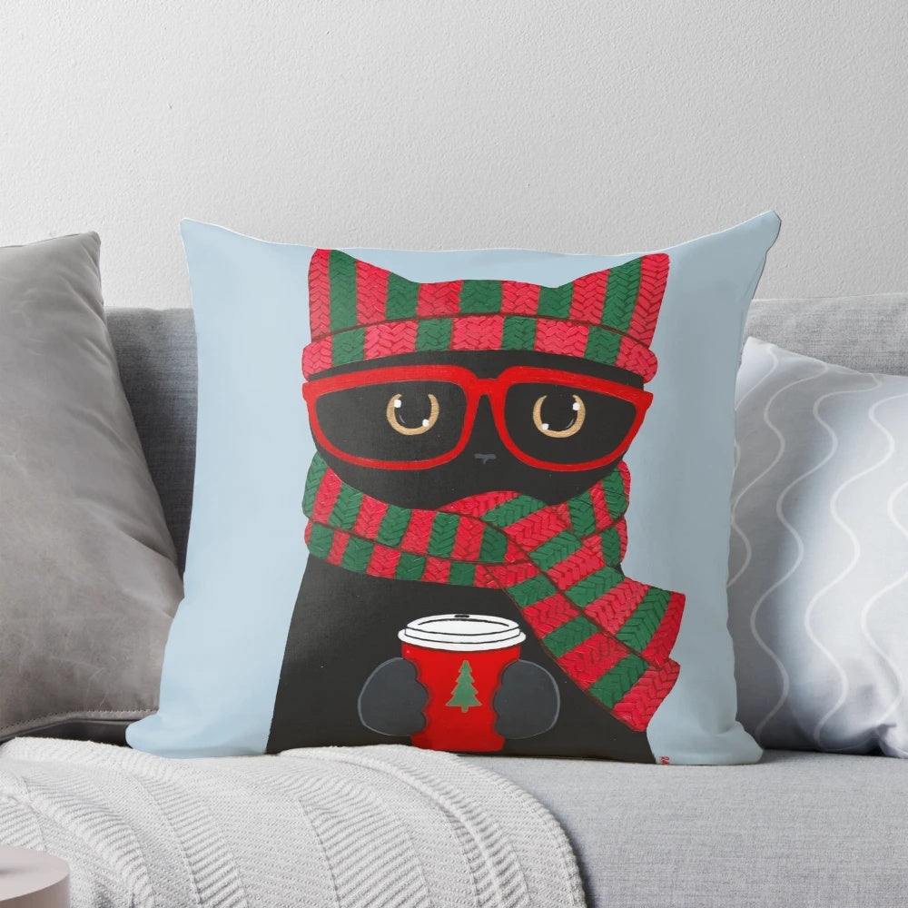 Whimsical black cat with glasses holding a cup of coffee on a throw pillow