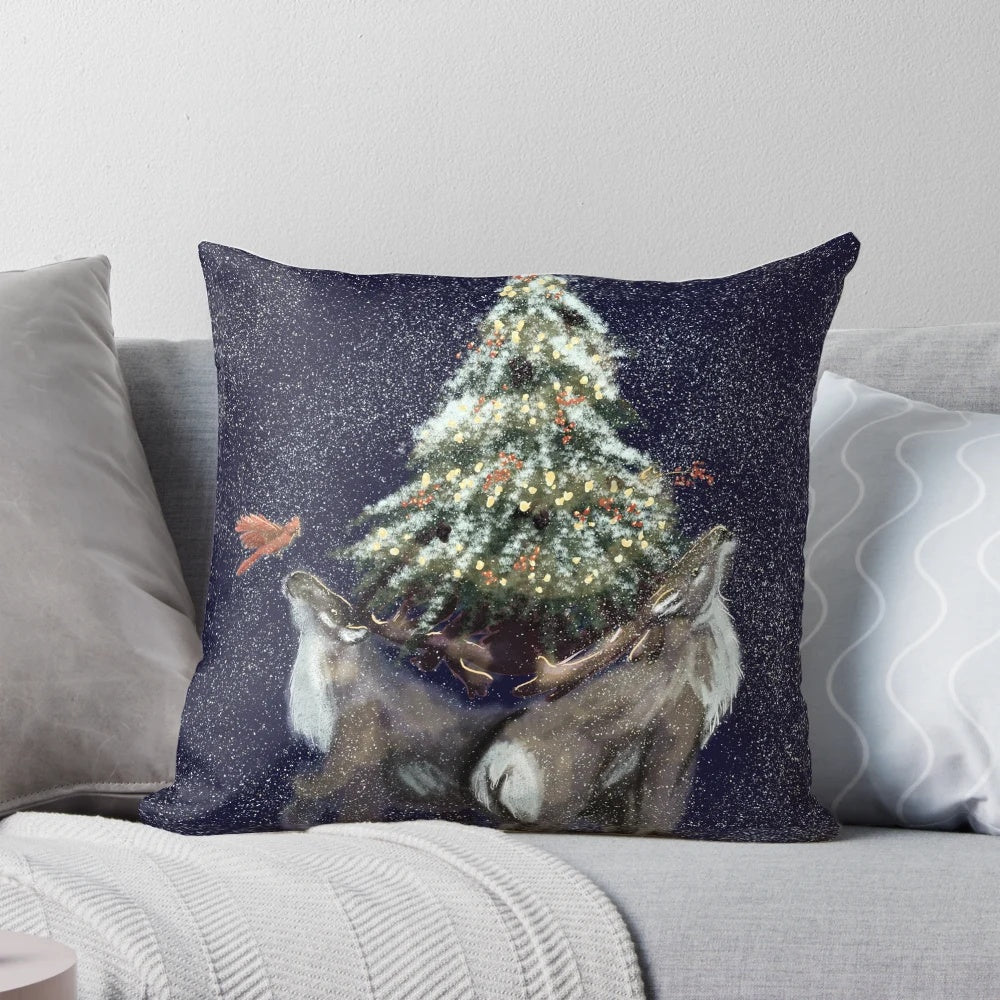 A soft, plush pillow featuring a winter caribou design, perfect for adding cozy holiday cheer to your home.