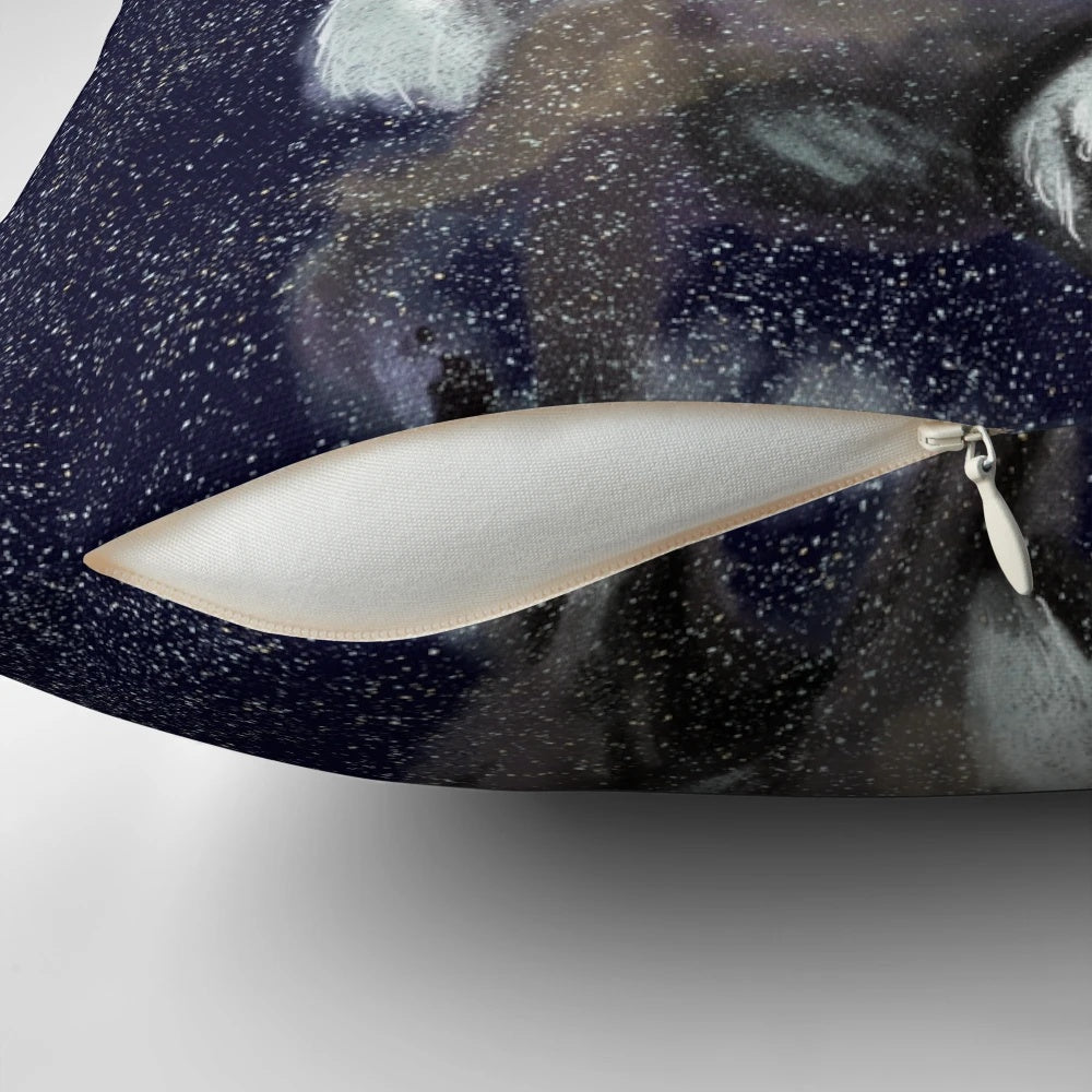 A soft, plush pillow featuring a winter caribou design, perfect for adding cozy holiday cheer to your home.