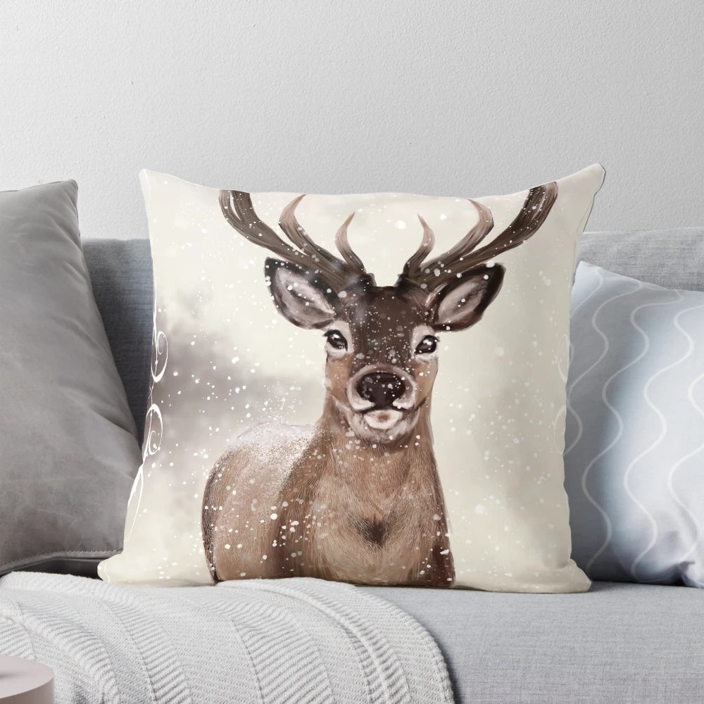 Decorative winter deer pillow with snowy, seasonal design