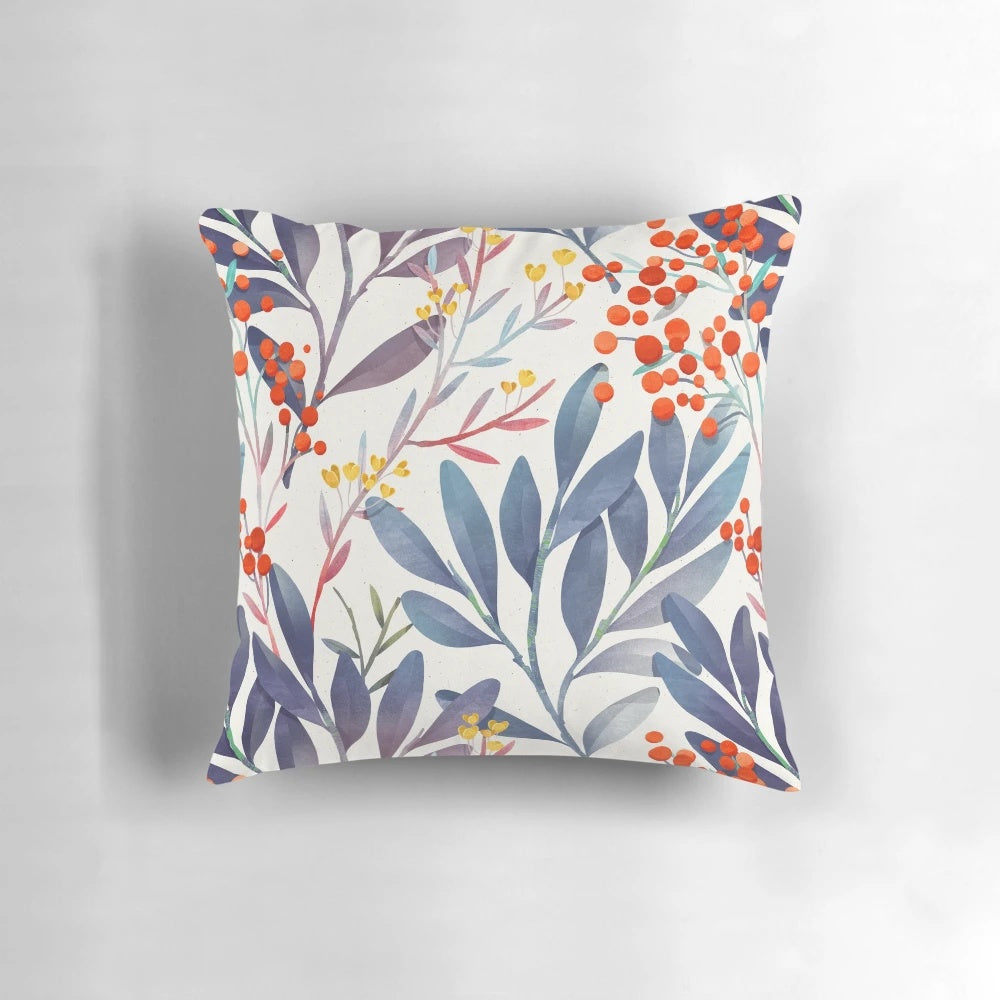 A close-up image of a plush, decorative winter pillow featuring a delicate floral and botanical design in shades of blue and beige.