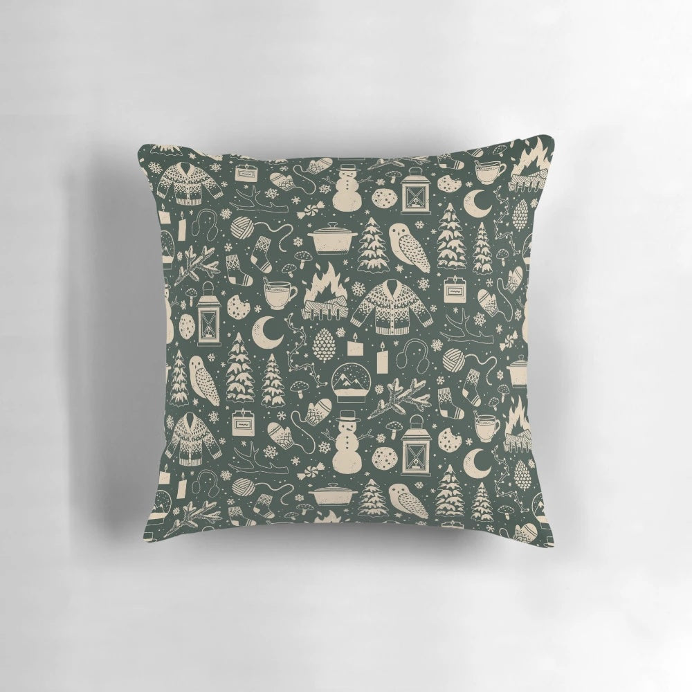 A soft and plush winter forest-themed pillow featuring owls, mittens, and a snowy forest scene.