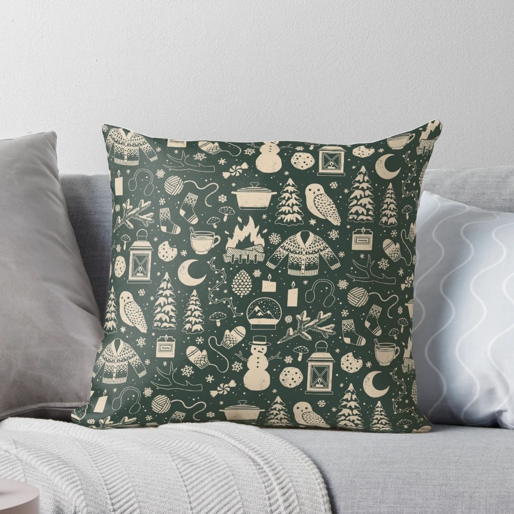 A soft and plush winter forest-themed pillow featuring owls, mittens, and a snowy forest scene.