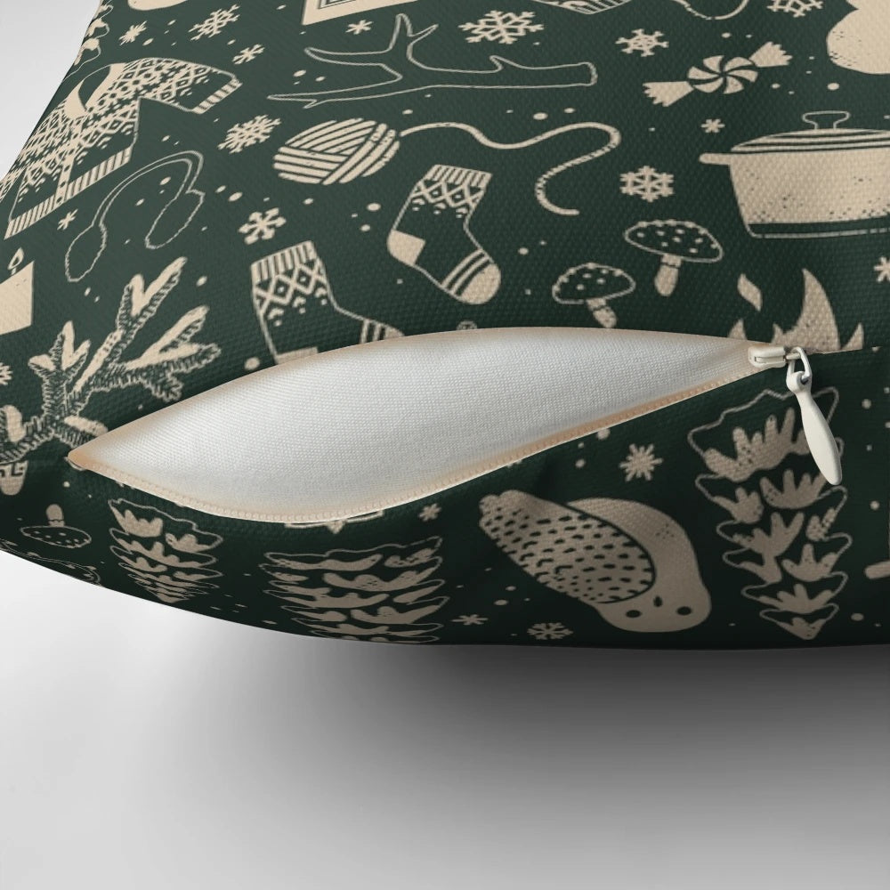A soft and plush winter forest-themed pillow featuring owls, mittens, and a snowy forest scene.