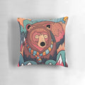 Decorative forest-themed pillow with a whimsical bear character against a colorful woodland background