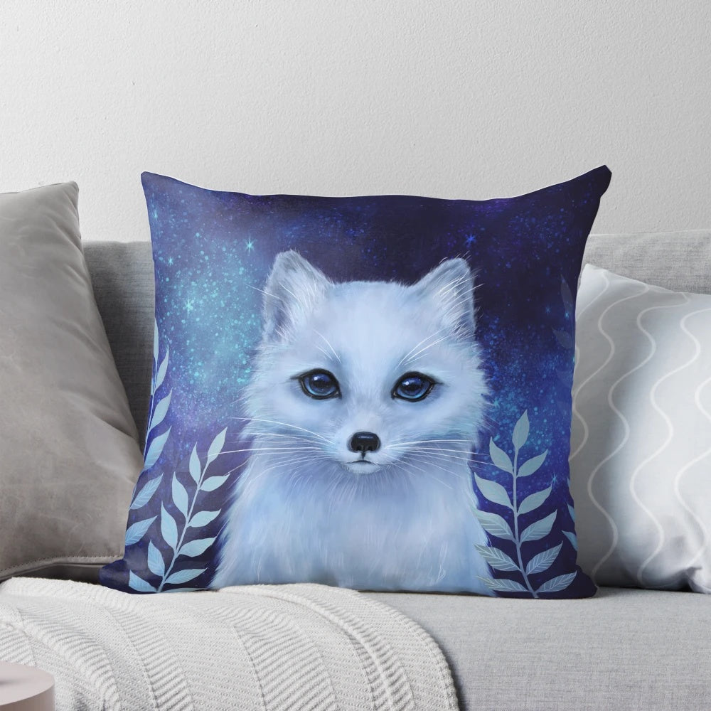 Soft, plush winter fox pillow with a cozy, galaxy-inspired design