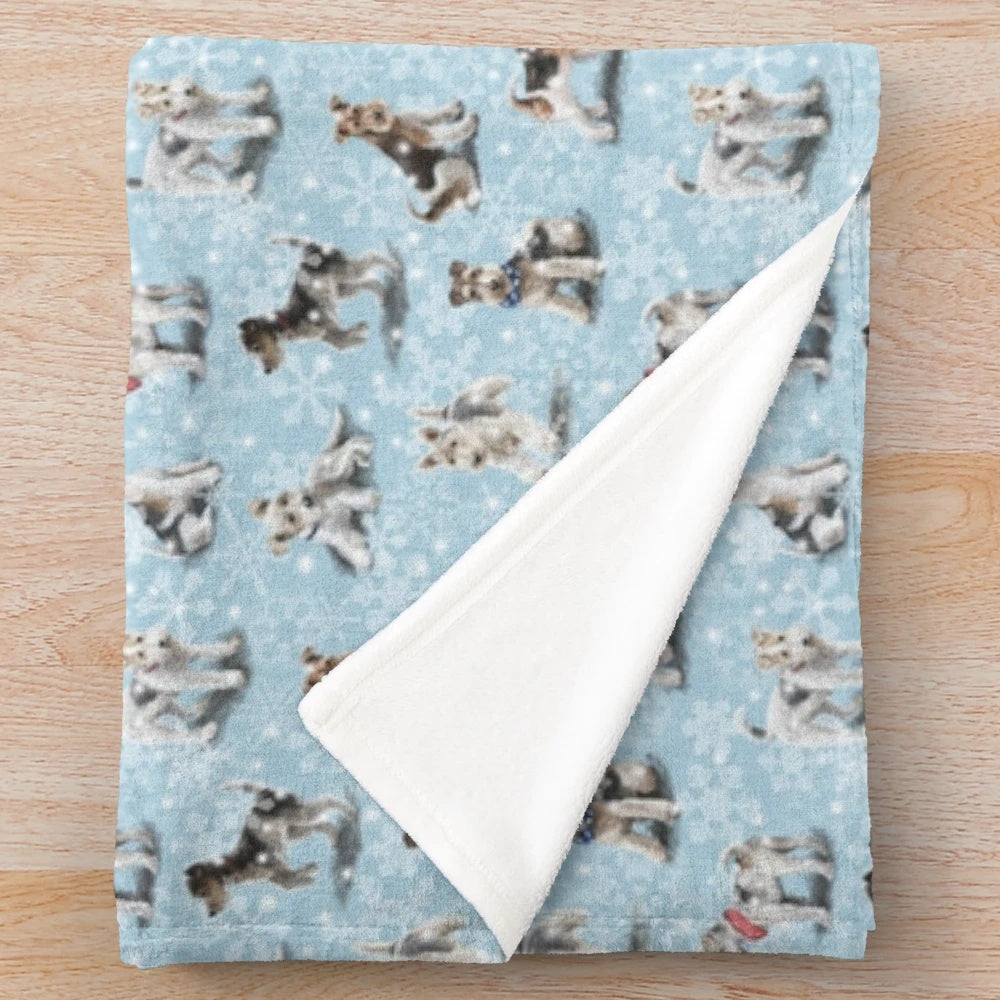 Soft and warm plush blanket featuring a winter-themed fox terrier design