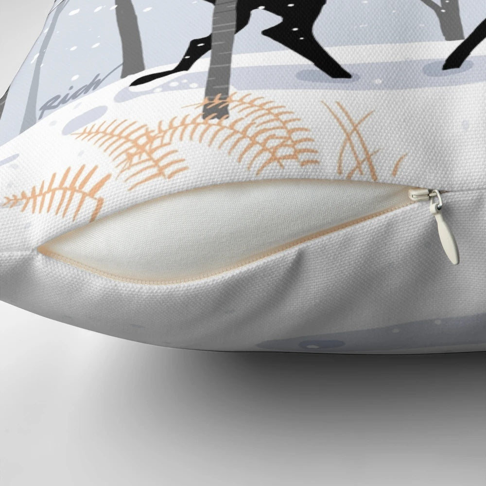 A soft, plush pillow featuring a winter-themed design with a greyhound, whippet, or lurcher dog.