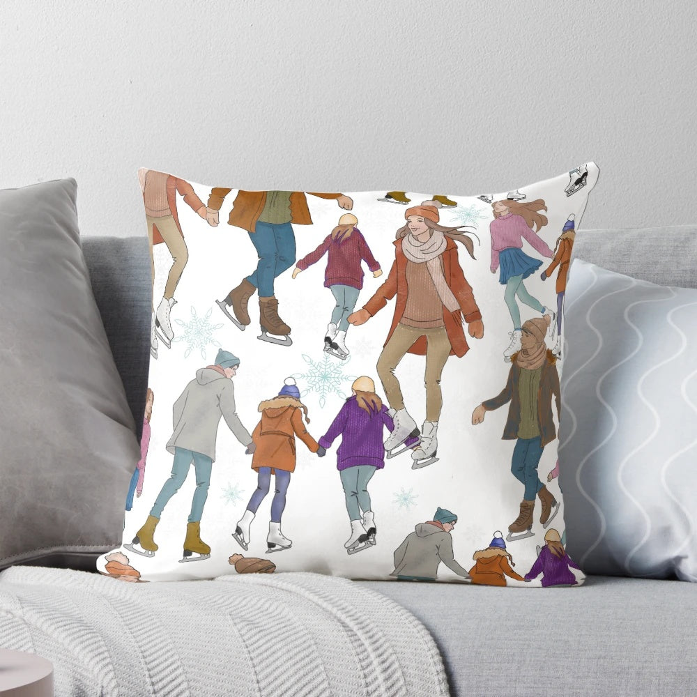 A cozy decorative pillow featuring a picturesque winter ice skating scene with people ice skating in the snow.