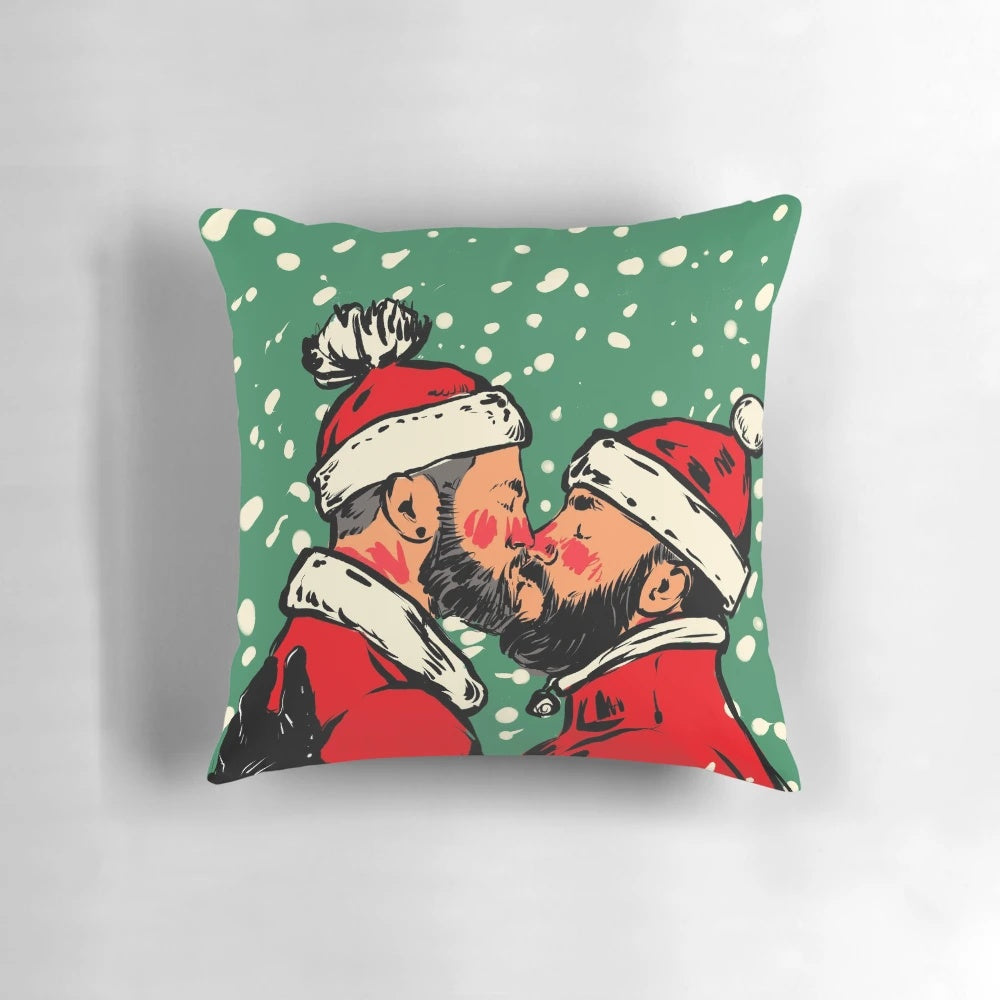 Two bearded men in a loving embrace, with snow falling around them, on a plush holiday pillow.