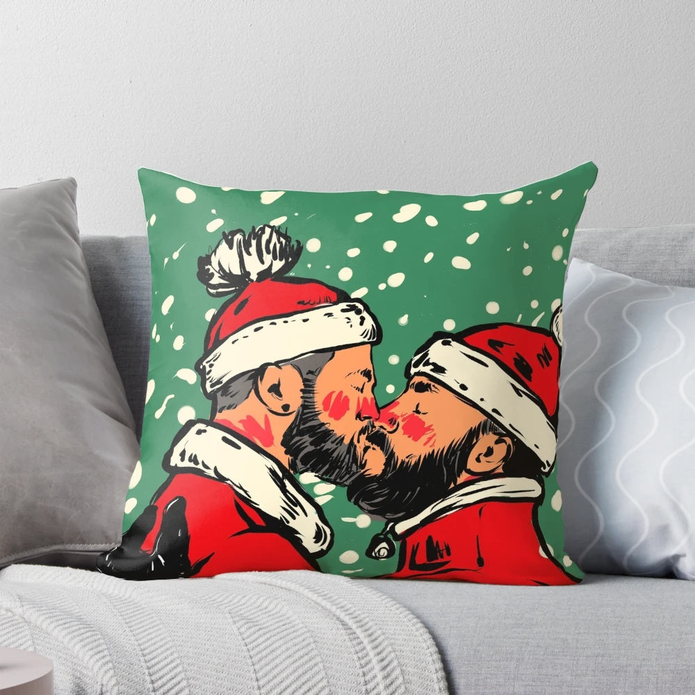 Two bearded men in a loving embrace, with snow falling around them, on a plush holiday pillow.